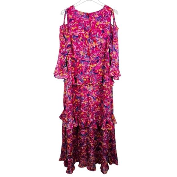 Tahari ASL Pink Printed Cold-Shoulder Asymmetric-Ruffle Dress NWT - Picture 5 of 16